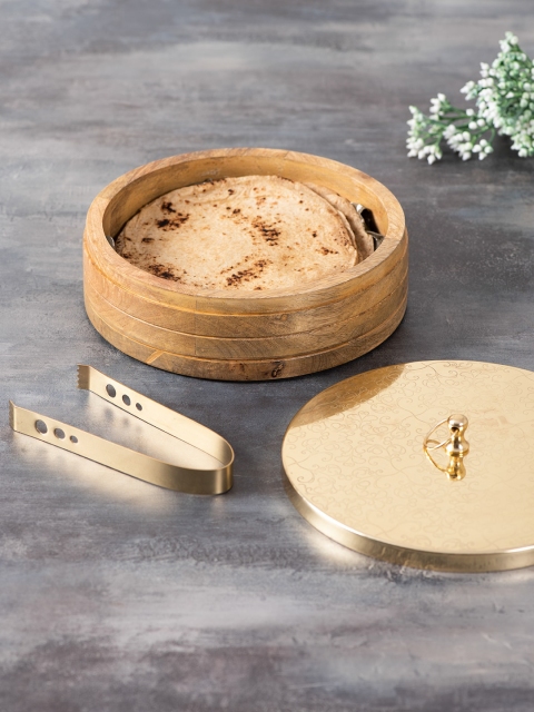 

nestroots Brown & Gold-Toned Wooden Chapati Box With Stainless Steel Tongs