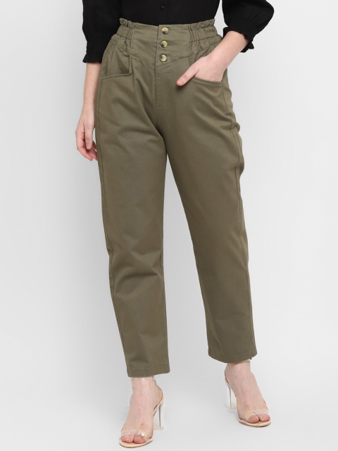 

FOSH Women Olive Green High-Rise Pleated Peg Trousers