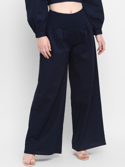 

FOSH Women Navy Blue High-Rise Smocked Waist Parallel Trousers