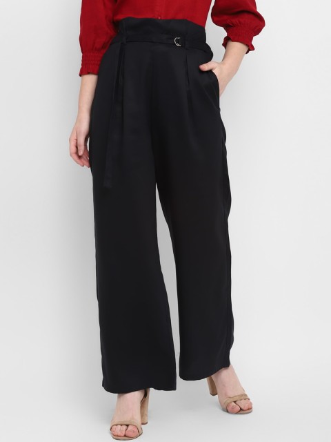 

FOSH Women Black High-Rise Pleated Parallel Trousers