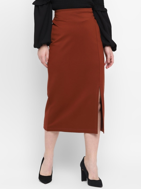 

FOSH Women Brown Solid Straight Midi Skirt