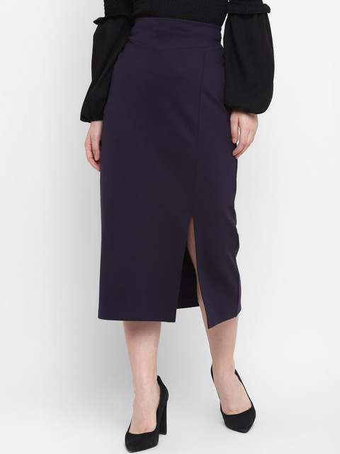 

FOSH Women Navy Blue Solid Midi Pencil Skirt