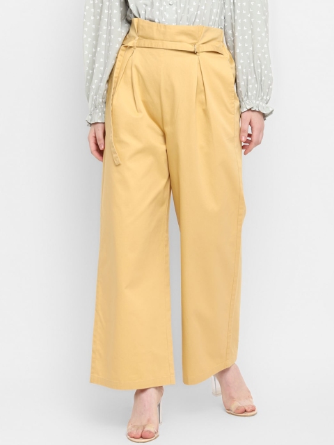 

FOSH Women Yellow High-Rise Pleated Parallel Trousers