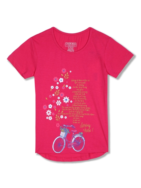 

Cherokee Girls Fuchsia Pink & Gold-Toned Typography Printed Pure Cotton T-shirt