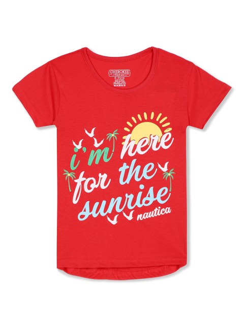 

Cherokee Girls Red & Yellow Typography Printed Cotton T-shirt