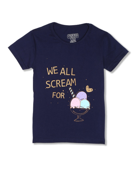 

Cherokee Girls Blue & Gold-Toned Typography Printed Pure Cotton T-shirt
