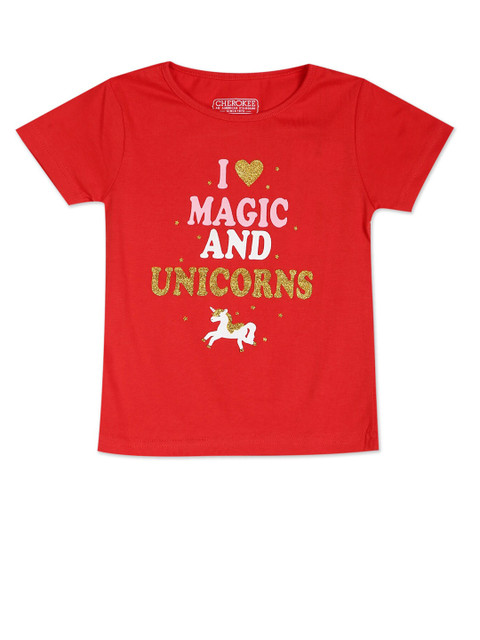 

Cherokee Girls Red & White Typography Printed Pure Cotton T-shirt