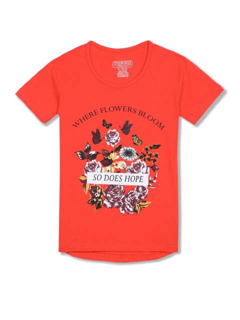 

Cherokee Girls Orange & Black Graphic Printed Pure Cotton T-Shirt