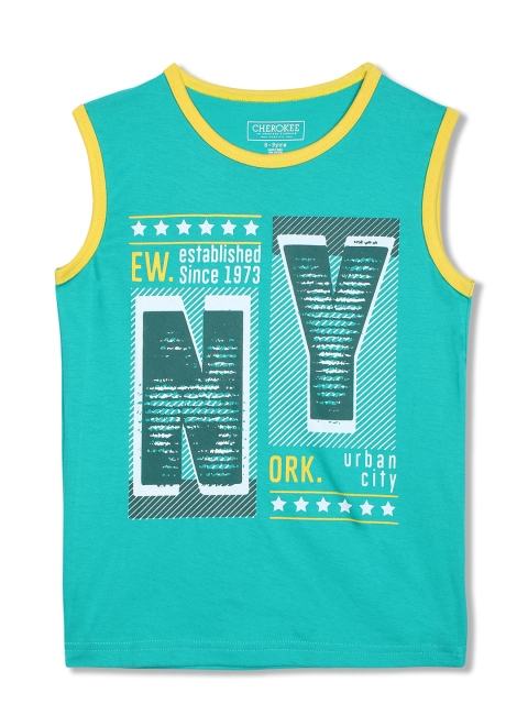 

Cherokee Boys Sea Green & Yellow Printed Pure Cotton T-shirt