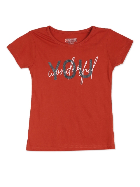 

Cherokee Girls Red & White Glitter Typography Printed Cotton T-shirt