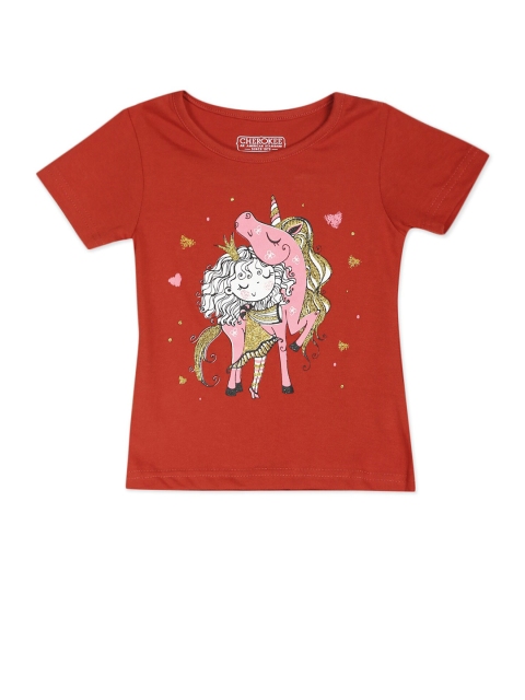 

Cherokee Girls Red & Pink Graphic Printed Cotton T-Shirt