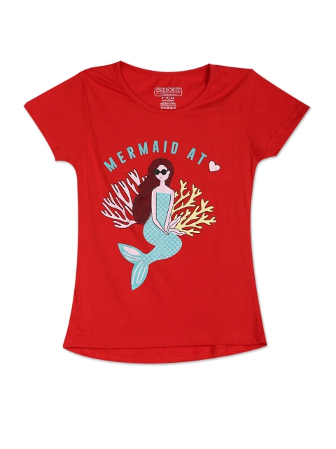 

Cherokee Girls Red & Turquoise Blue Printed Cotton T-shirt