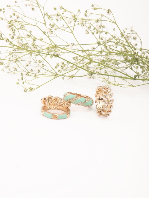 

Lilly & sparkle Set Of 4 Gold-Plated Stone Studded Green Finger Rings