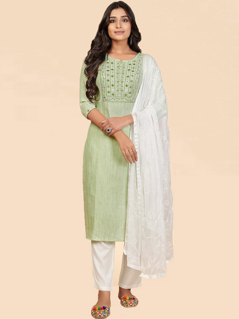 

Vbuyz Women Green & White Yoke Designed Pure Cotton Kurta & Trousers with Dupatta