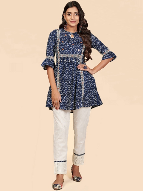 

Vbuyz Women Blue Embroidered & Mirror Work Pure Cotton Kurta with Trousers