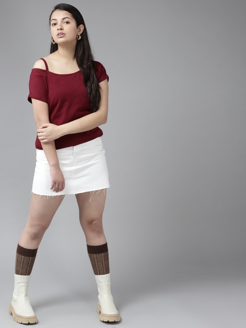

UTH by Roadster Maroon Solid Shoulder Straps Cold Shoulder New Basics Cotton Regular Top