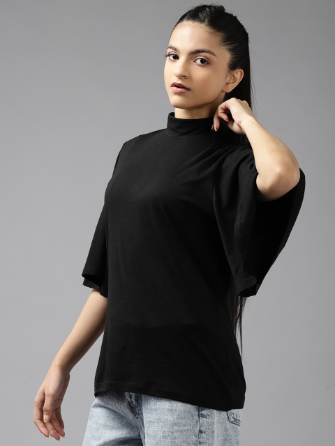 

UTH by Roadster Black Solid High Neck Flutter Sleeves New Basics Regular Top