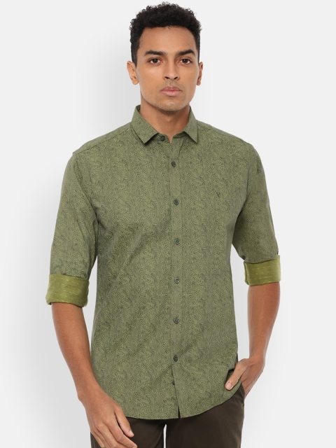 

V Dot Men Olive Green Slim Fit Floral Printed Cotton Casual Shirt