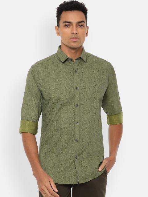 

V Dot Men Olive Green & Black Slim Fit Tropical Opaque Printed Pure Cotton Casual Shirt