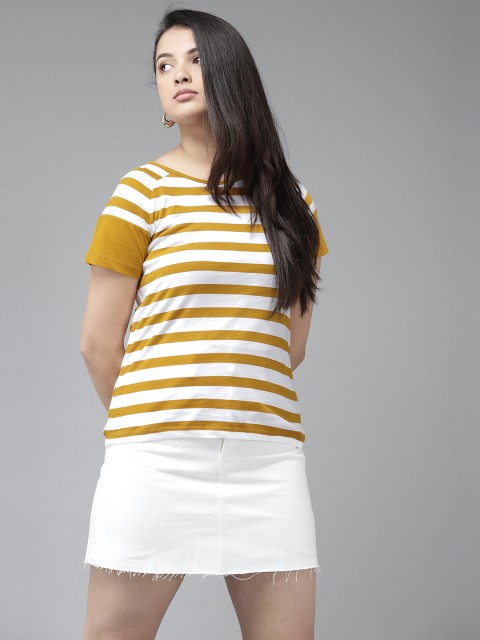 

UTH by Roadster Girls Mustard Yellow & White Striped Pure Cotton T-shirt