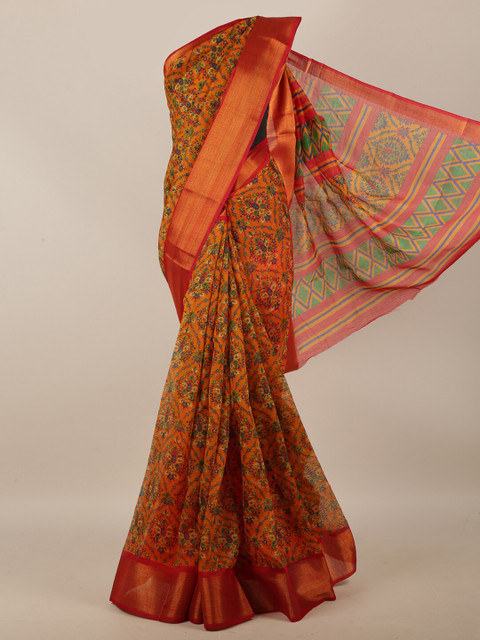 

Pothys Orange Cotton Blend Floral Printed Saree
