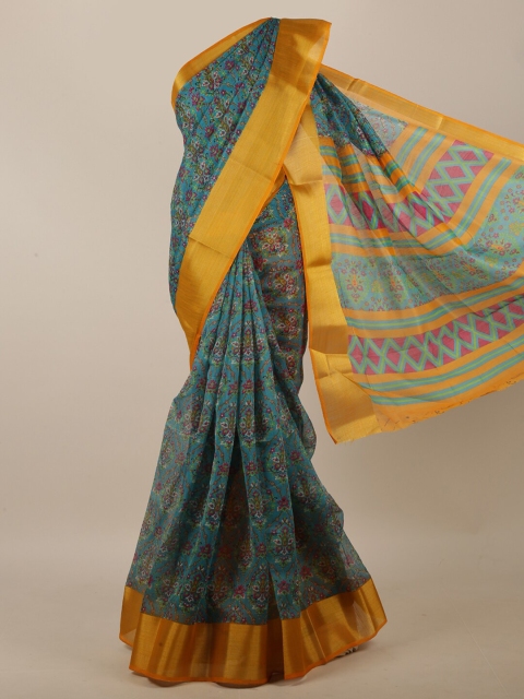 

Pothys Blue & Mustard Cotton Blend Floral Printed Saree