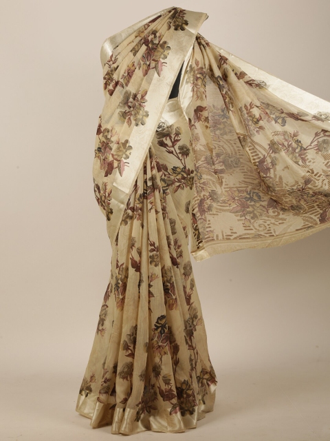 

Pothys Cream-Coloured & Green Cotton Blend Floral Printed Saree