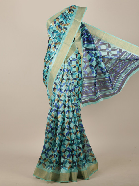 

Pothys Blue & Gold-Toned Cotton Blend Geometric Printed Saree