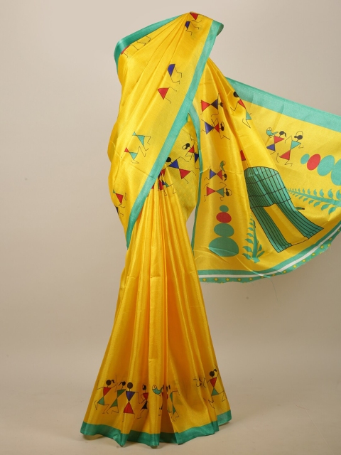 

Pothys Yellow & Green Cotton Blend Warli Printed Saree