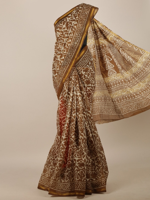 

Pothys Brown & Cream-Coloured Cotton Blend Batik Printed Saree