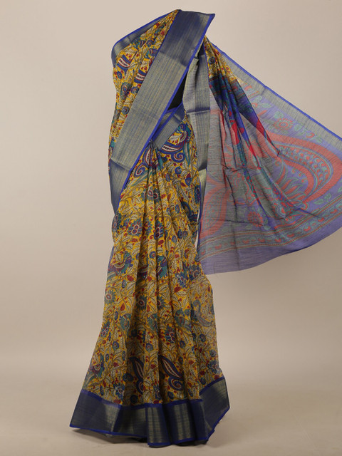 

Pothys Yellow & Blue Cotton Blend Ethnic Motifs Printed Saree