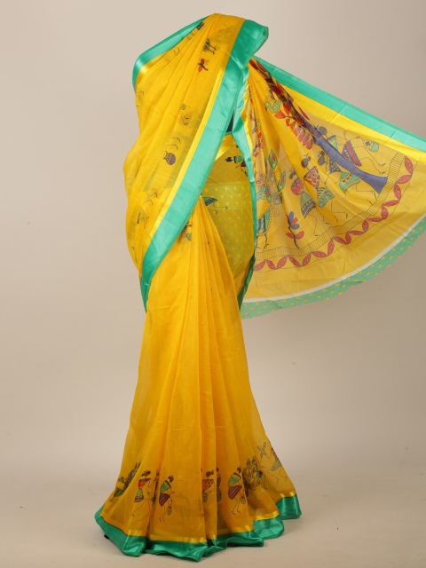 

Pothys Yellow & Green Cotton Blend Warli Printed Saree