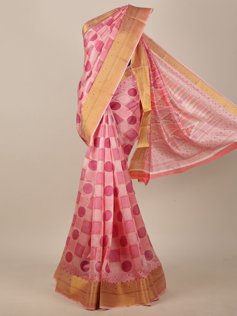 

Pothys Peach-Coloured & Gold-Toned Geometric Printed Saree