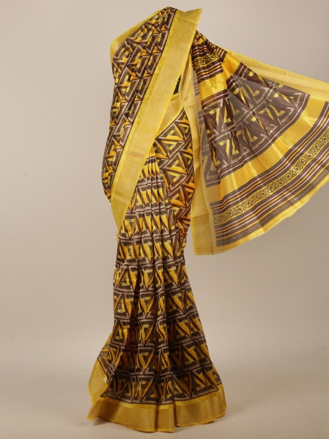 

Pothys Yellow & Brown Cotton Blend Geometric Printed Saree