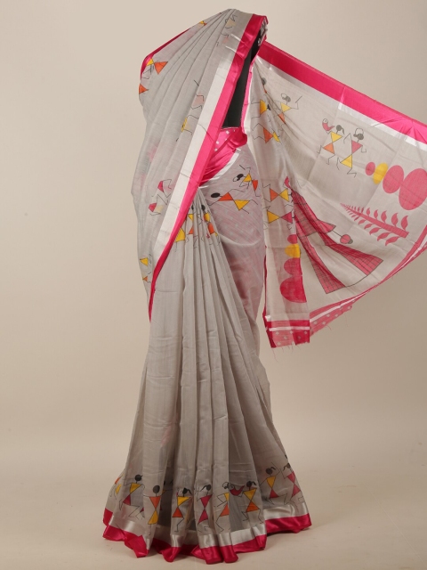 

Pothys Grey & Pink Cotton Blend Warli Printed Saree