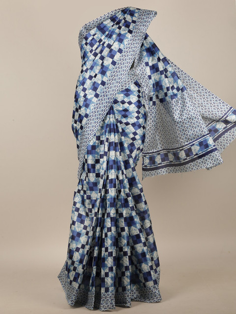 

Pothys Blue & White Cotton Blend Geometric Printed Saree