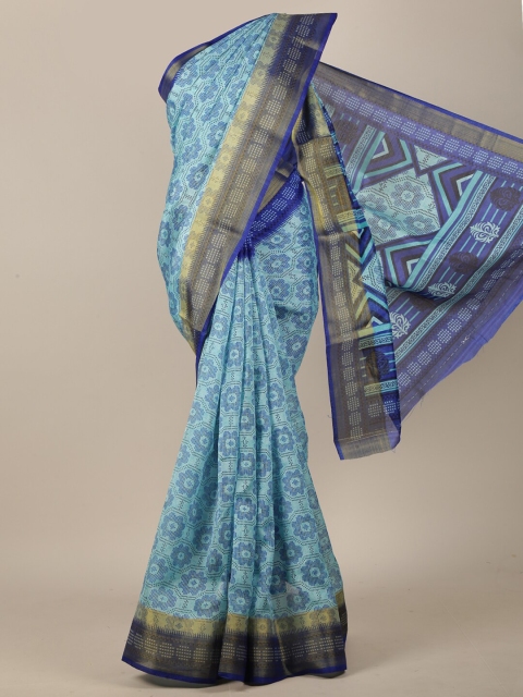 

Pothys Blue & Gold-Toned Cotton Blend Ethnic Motif Printed Saree