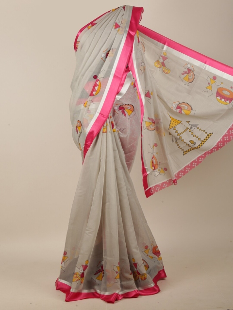 

Pothys Grey & Pink Cotton Blend Warli Printed Saree