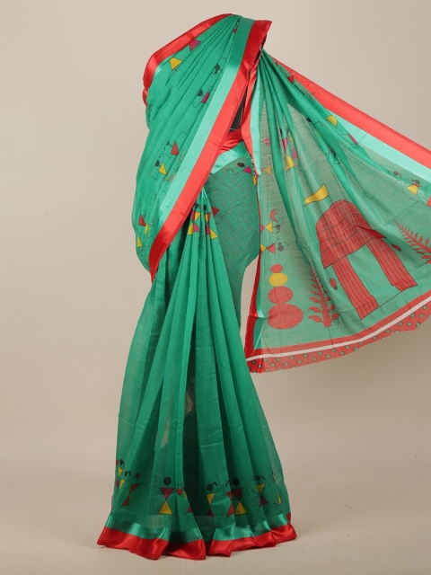 

Pothys Green & Red Cotton Blend Warli Printed Saree