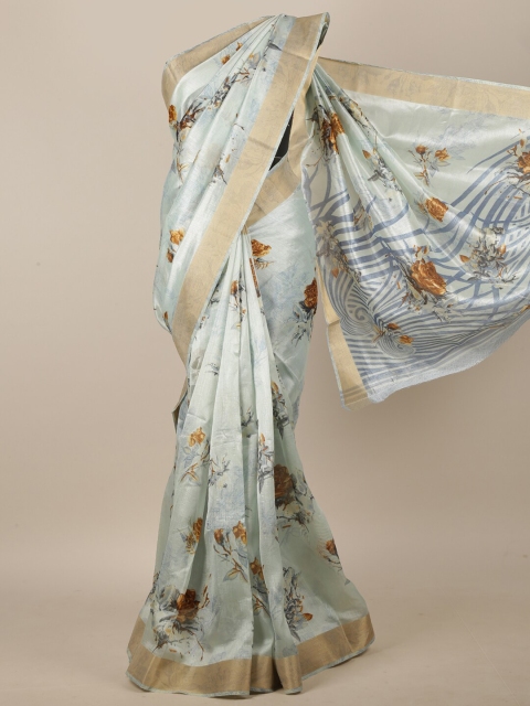 

Pothys Blue & Gold Cotton Blend Floral Printed Saree