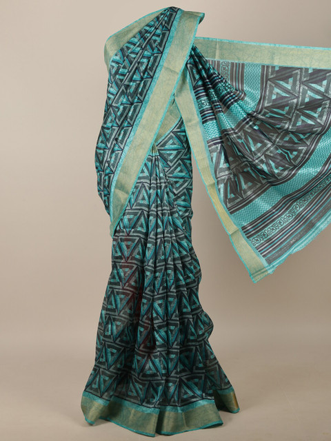 

Pothys Blue & Gold-Toned Cotton Blend Geometric Printed Saree