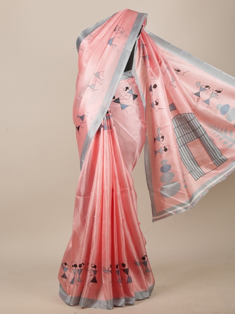 

Pothys Pink & Grey Cotton Blend Warli Printed Saree