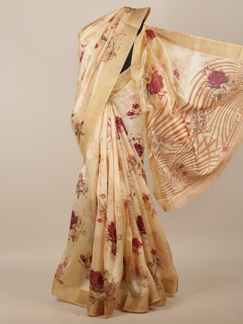 

Pothys Cream-Coloured & Pink Floral Saree