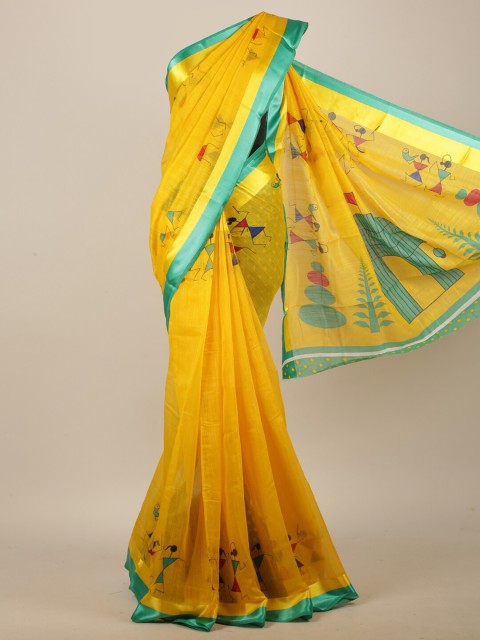 

Pothys Yellow & Turquoise Blue Warli Saree