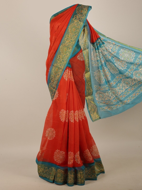 

Pothys Orange & Blue Floral Zari Saree