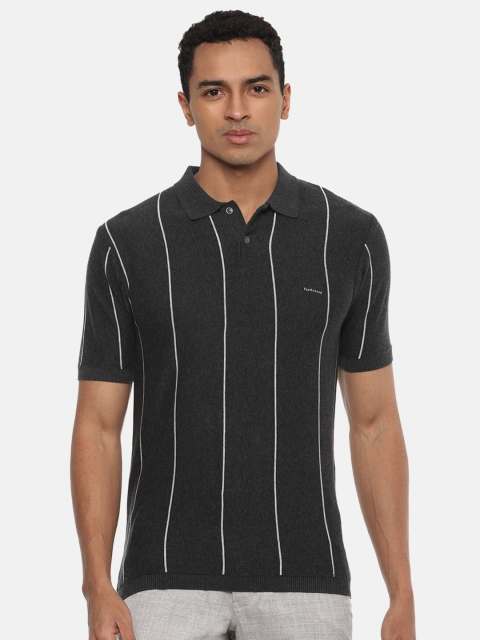 

Van Heusen Men Charcoal Grey & White Striped Polo Collar T-shirt