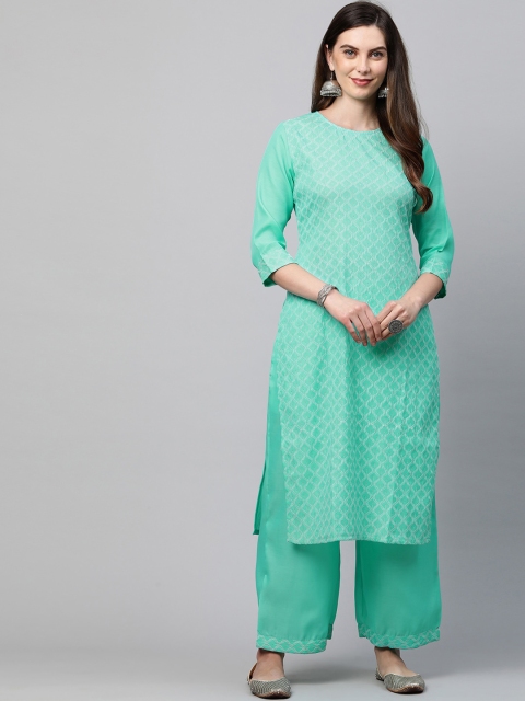 

KALINI Women Sea Green Embroidered Regular Sequinned Pure Cotton Kurta with Trousers