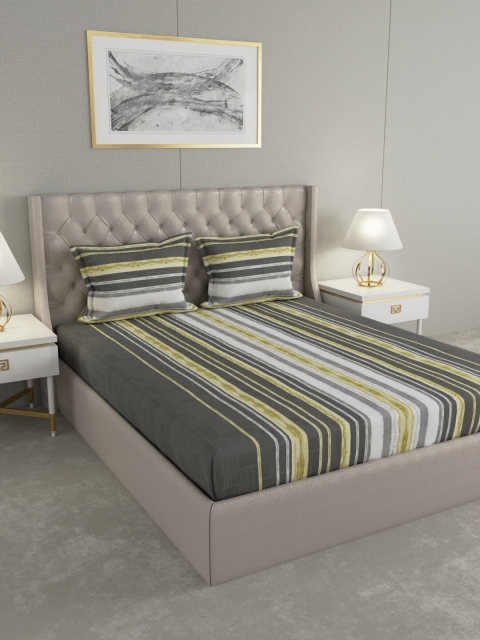 

BLUSH Yellow & Grey Striped 144 TC Queen Bedsheet with 2 Pillow Covers