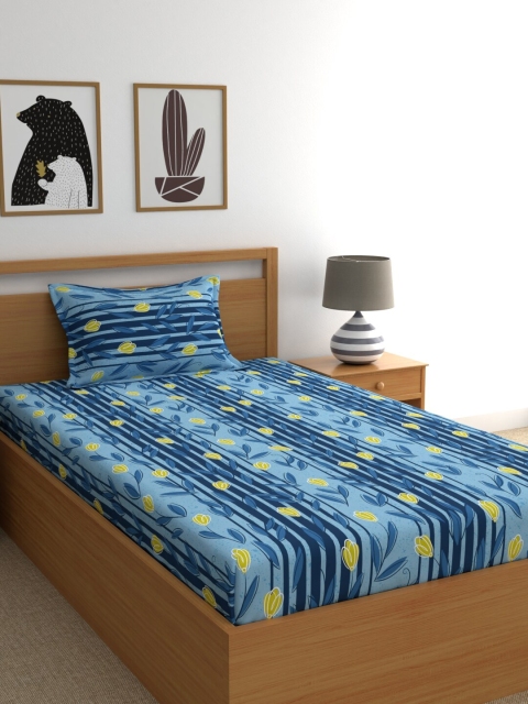 

BLUSH Blue Floral Printed 120 TC Single Bedsheet with 1 Pillow Covers