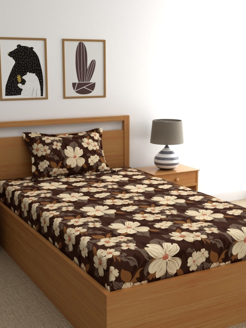 

BLUSH Brown & Beige Floral Printed 120 TC Single Bedsheet with 1 Pillow Covers